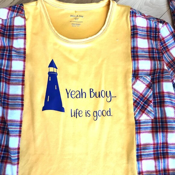 Upcycled Graphic Tee Flannel Sleeves, S-M: Oversized Lighthouse Pullover Shirt - Picture 8 of 10